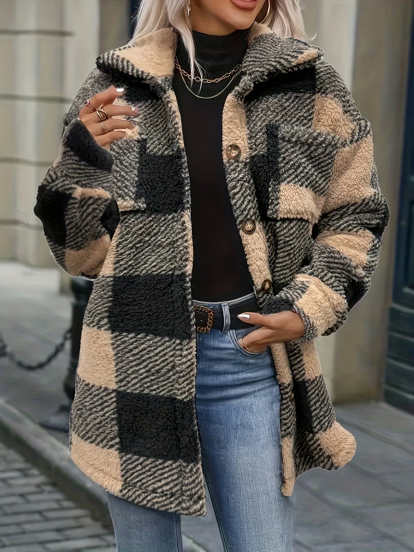 Women's Coat, Elegant Fashionable Jacket for Ladies, Black and White Checkered Drop Shoulder Teddy Bear Plush Women