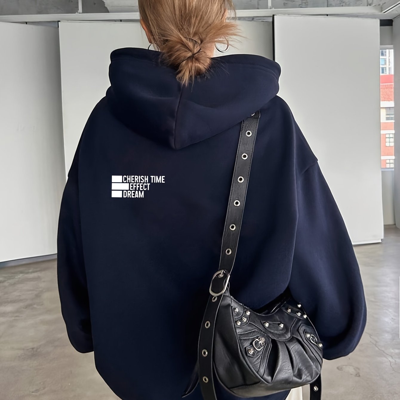 Women'S Light Grey Hooded Sweatshirt with Black Geometric Letter Print - Casual Long Sleeve Pullover, Relaxed Fit, All-Season Versatile Top for Casual Attire, Comfortable Clothing | Hooded Pullover | Structured Design