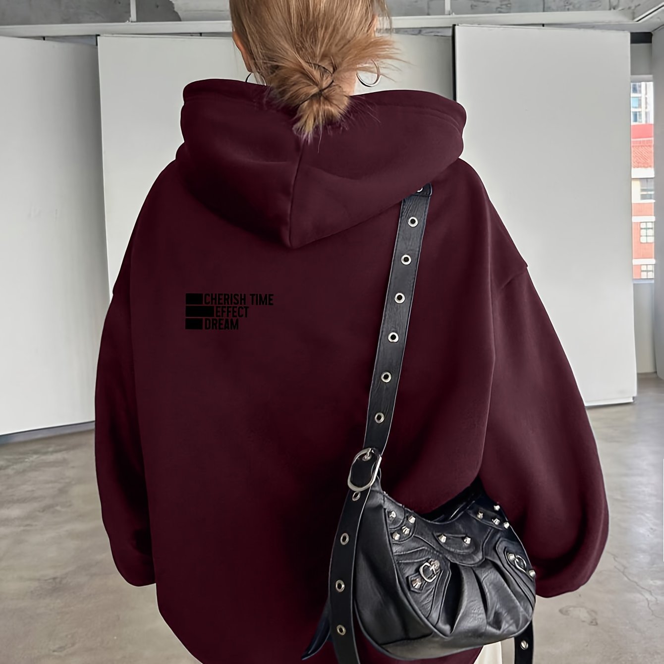 Women'S Light Grey Hooded Sweatshirt with Black Geometric Letter Print - Casual Long Sleeve Pullover, Relaxed Fit, All-Season Versatile Top for Casual Attire, Comfortable Clothing | Hooded Pullover | Structured Design