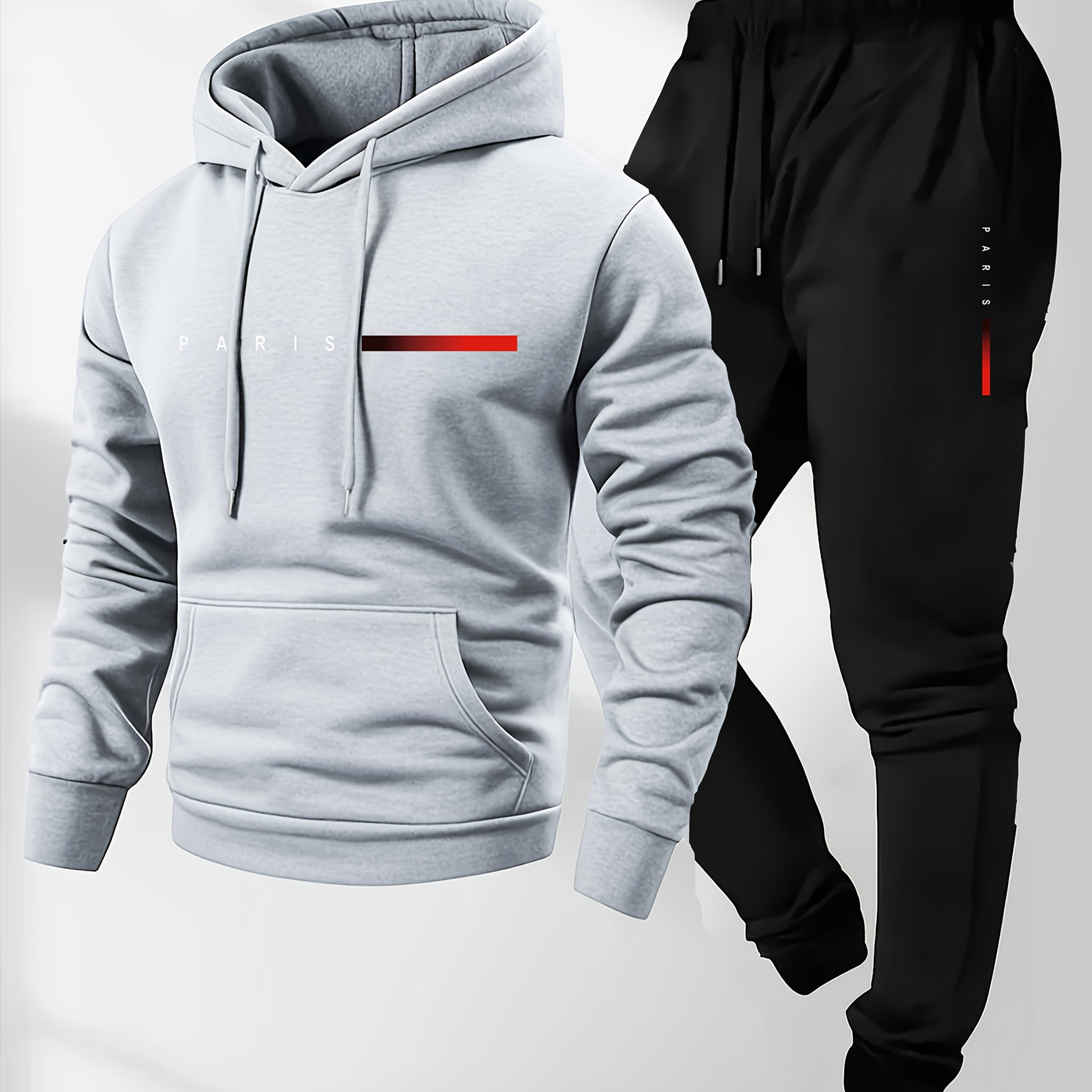 2pcs Men'S Casual Cartoon Paris Letter Drawstring Hoodie and Sports Trousers Set | Hooded, Loose Fit, Slight Stretch Fabric, Patterned for Fall/Winter