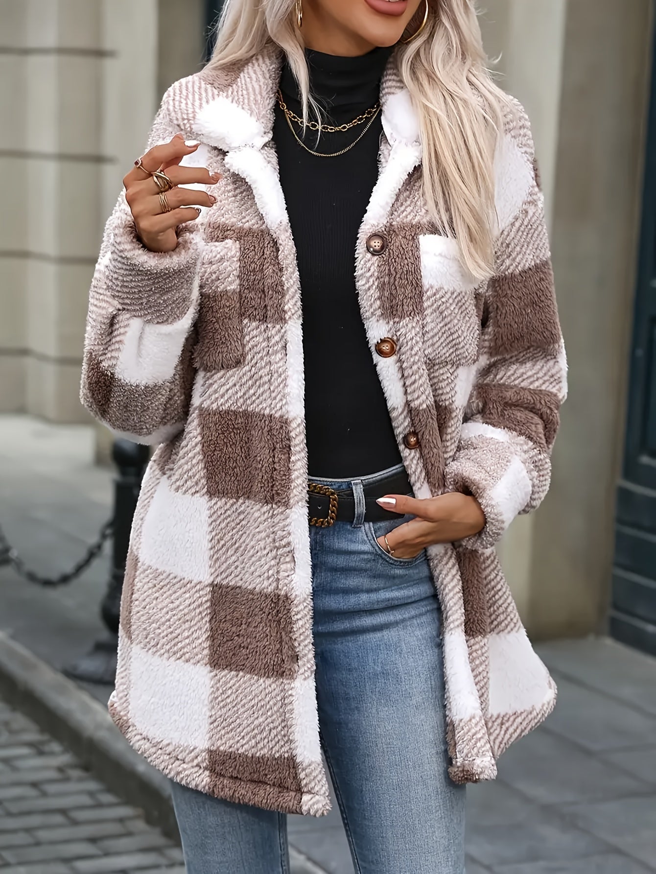 Women's Coat, Elegant Fashionable Jacket for Ladies, Black and White Checkered Drop Shoulder Teddy Bear Plush Women