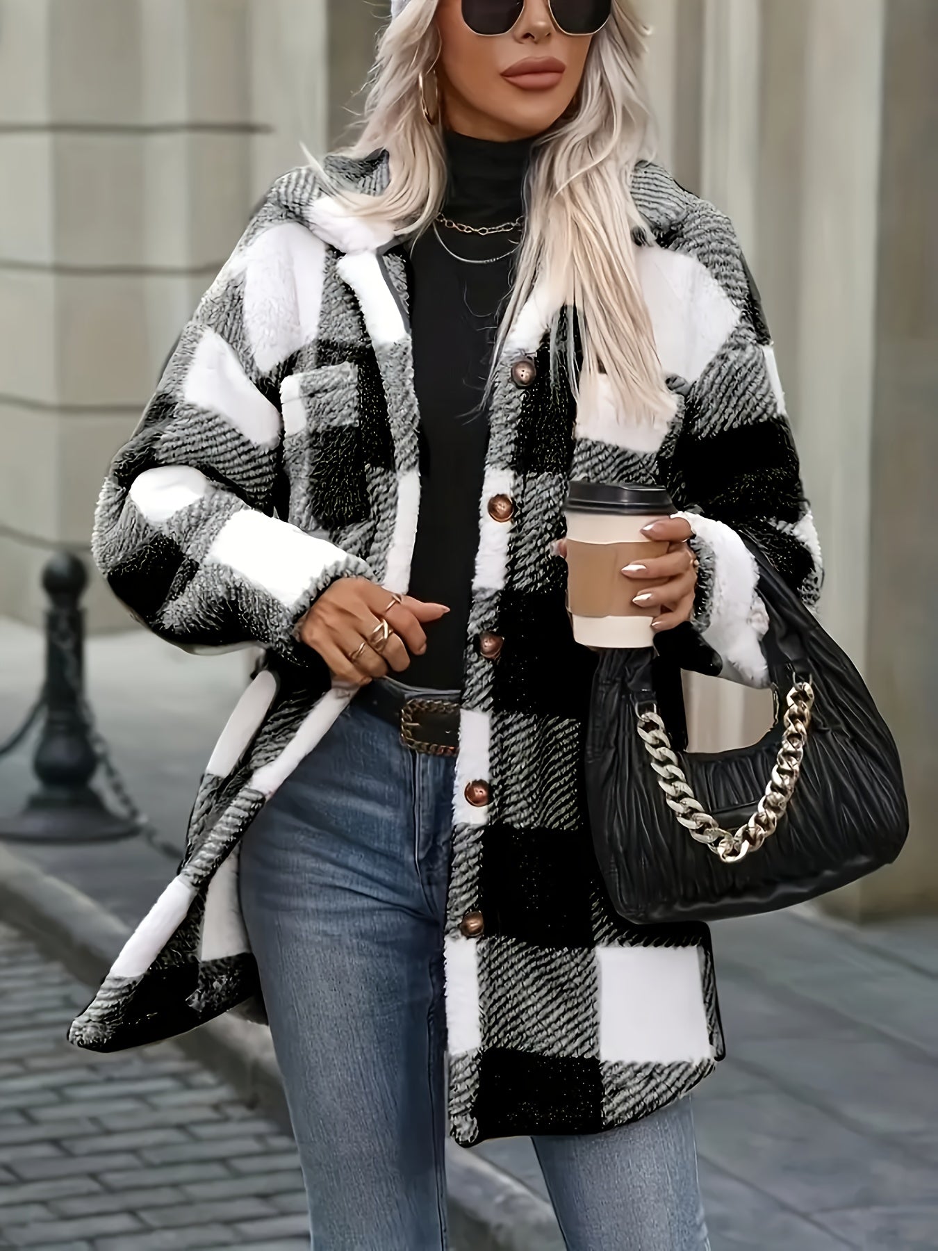 Women's Coat, Elegant Fashionable Jacket for Ladies, Black and White Checkered Drop Shoulder Teddy Bear Plush Women