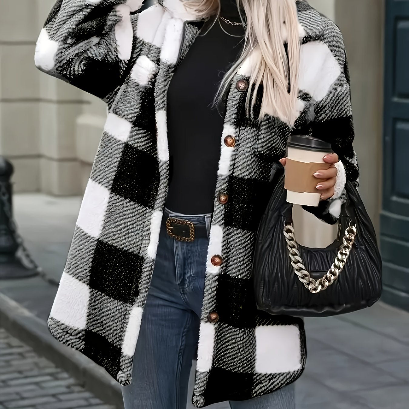 Women's Coat, Elegant Fashionable Jacket for Ladies, Black and White Checkered Drop Shoulder Teddy Bear Plush Women