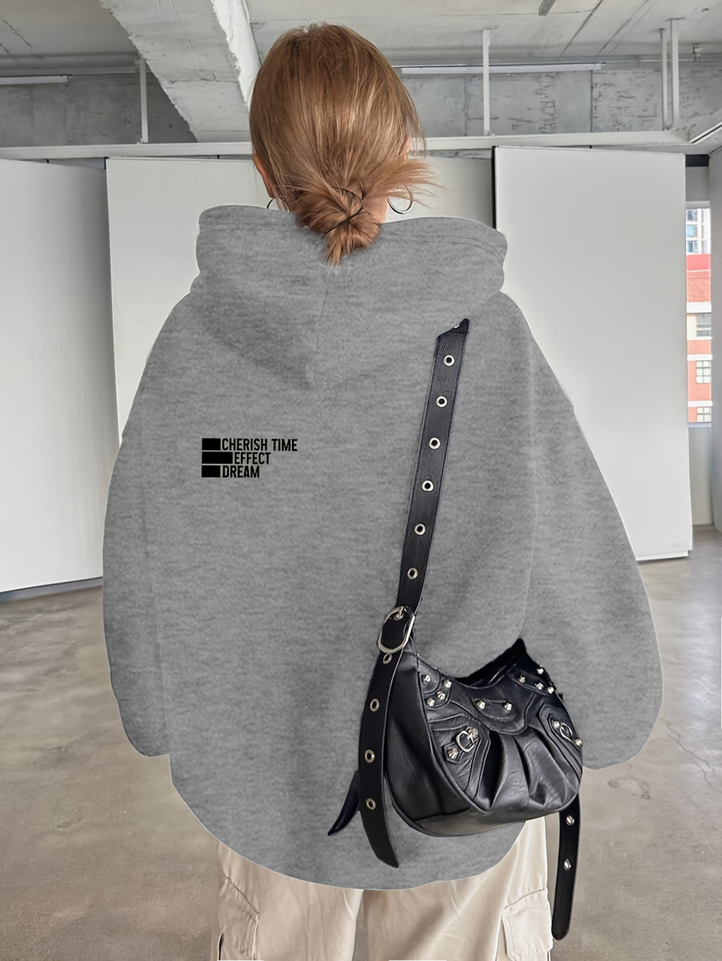 Women'S Light Grey Hooded Sweatshirt with Black Geometric Letter Print - Casual Long Sleeve Pullover, Relaxed Fit, All-Season Versatile Top for Casual Attire, Comfortable Clothing | Hooded Pullover | Structured Design