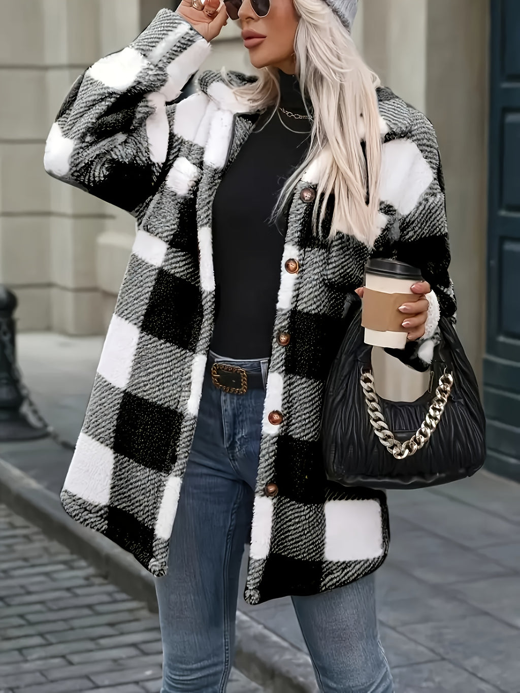 Women's Coat, Elegant Fashionable Jacket for Ladies, Black and White Checkered Drop Shoulder Teddy Bear Plush Women