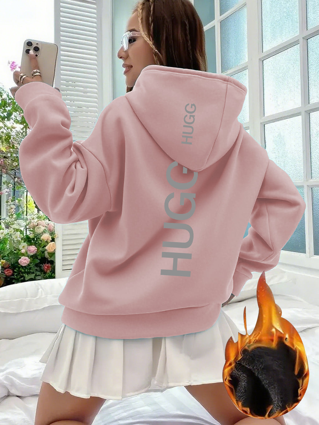 1pc Women's Y2K Pink Hooded Sweatshirt - Oversized Fleece Pullover with Back Logo Print, Soft Pink Hoodie, Machine Washable Winter Sweater for Casual Wear, Layering & All-Season Outfits (No Dry Clean), Plus Size Women Clothes