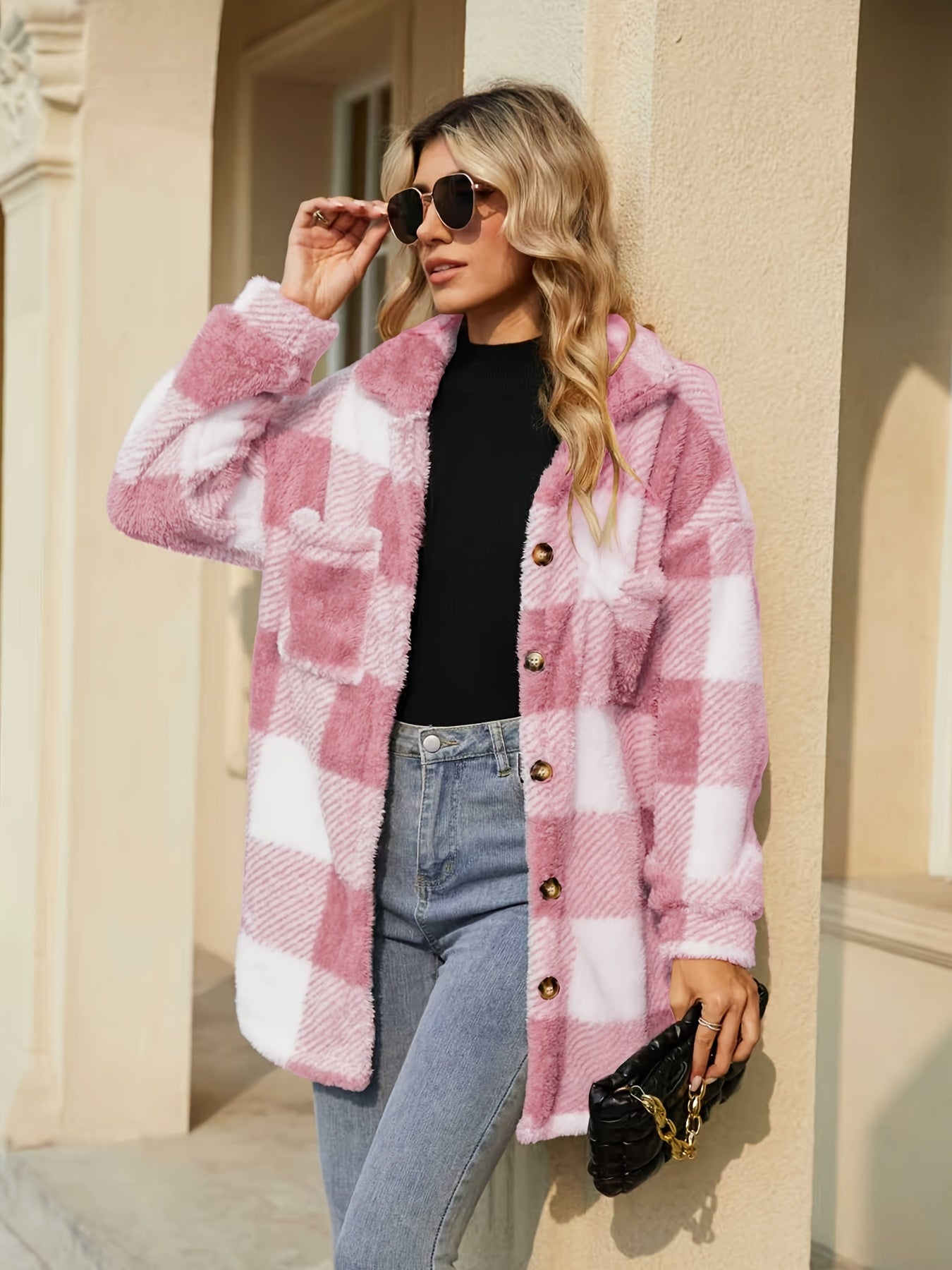 Women's Coat, Elegant Fashionable Jacket for Ladies, Black and White Checkered Drop Shoulder Teddy Bear Plush Women