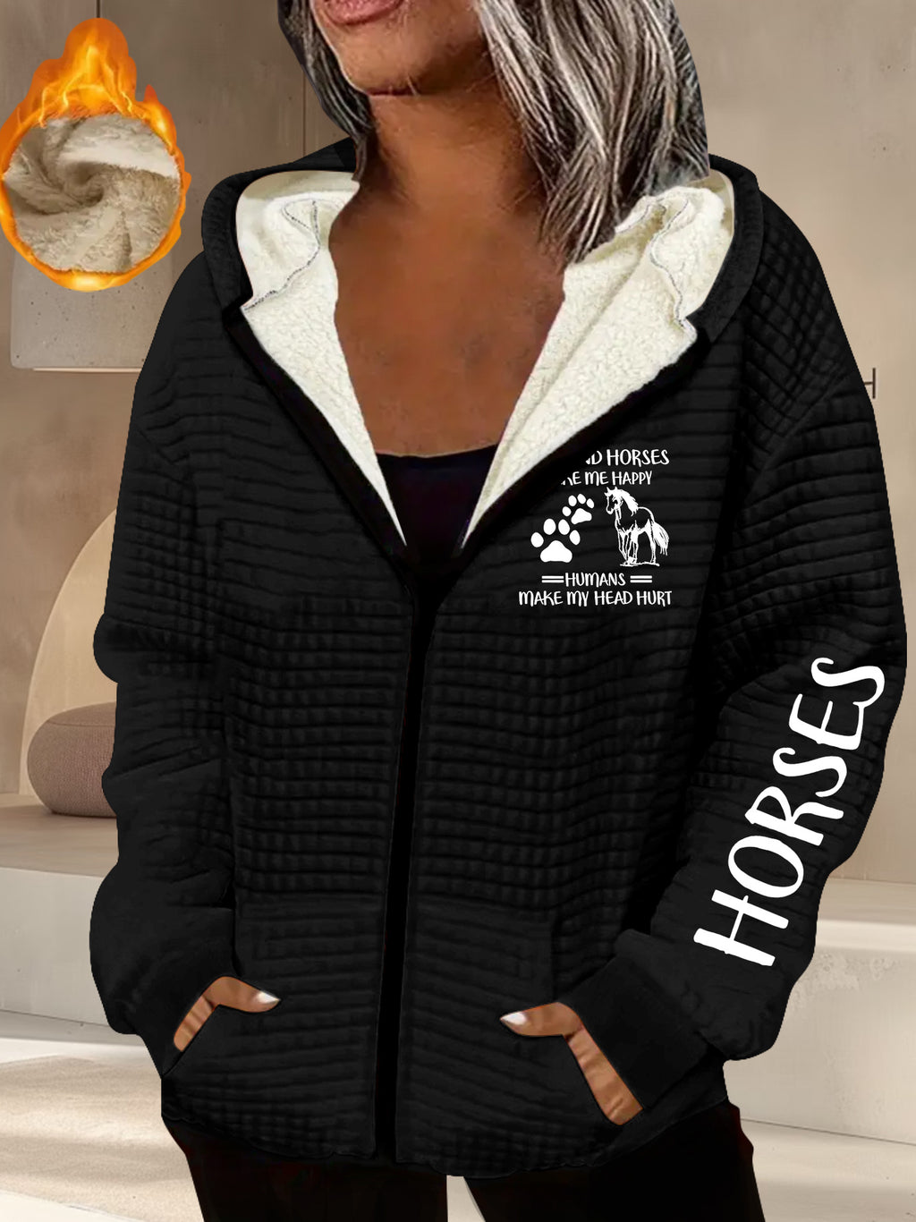 Women's Horse-Themed Hooded Jacket with Horse Racing & Jockey Print - Thick Winter Coat, Zippered Pockets, Machine Washable Polyester-Like Outerwear for Equestrian Events & Casual Wear (Grey/Black)
