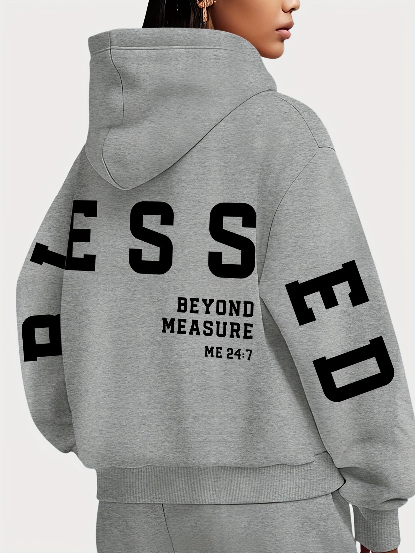 Plus Size Women's BLESSED Print Hoodie ,Machine Washable Fall Winter Casual Pullover