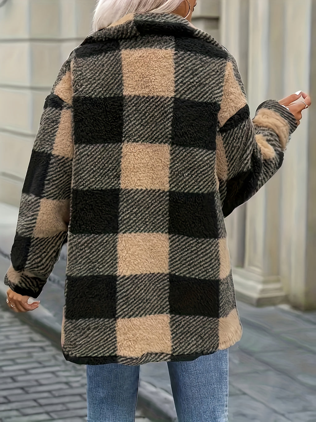 Women's Coat, Elegant Fashionable Jacket for Ladies, Black and White Checkered Drop Shoulder Teddy Bear Plush Women