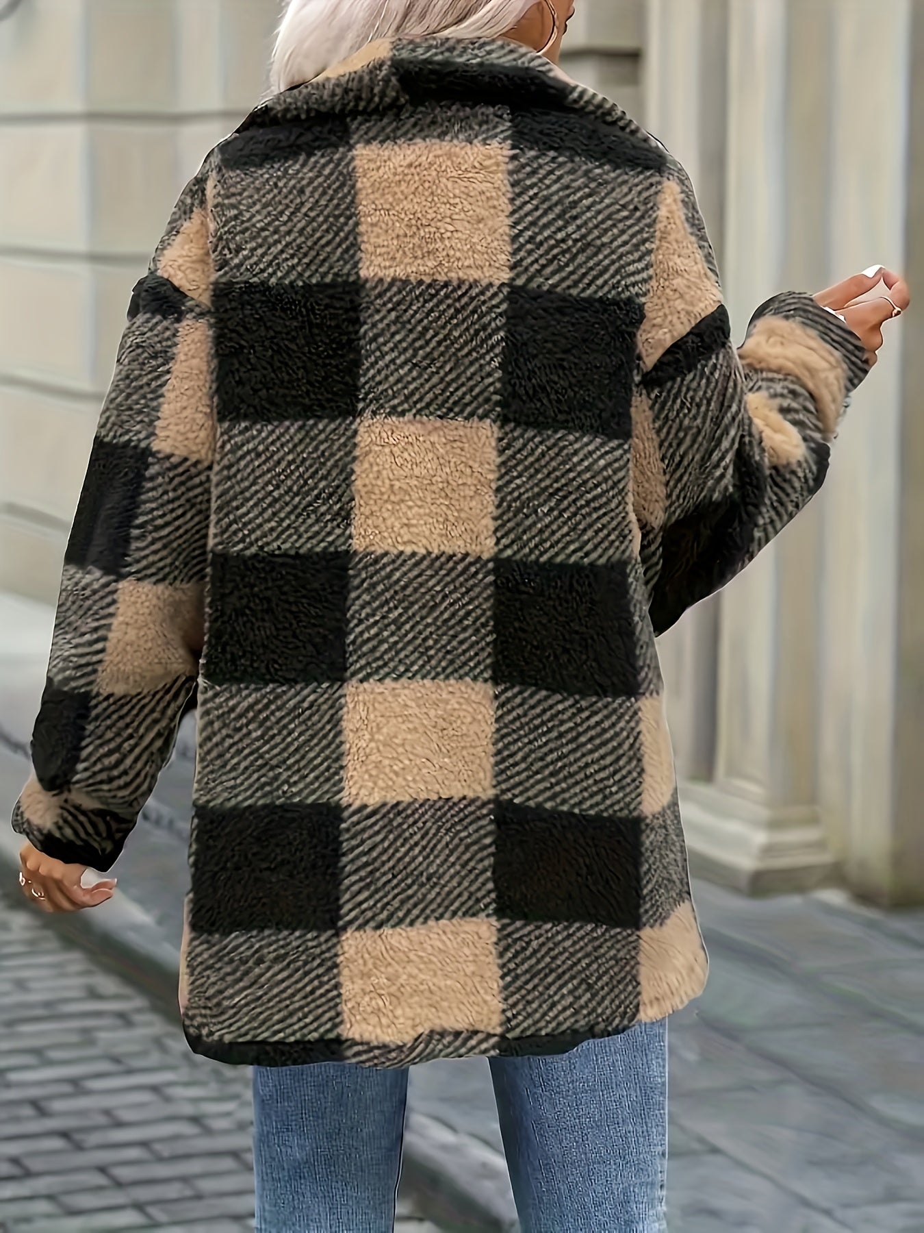 Women's Coat, Elegant Fashionable Jacket for Ladies, Black and White Checkered Drop Shoulder Teddy Bear Plush Women