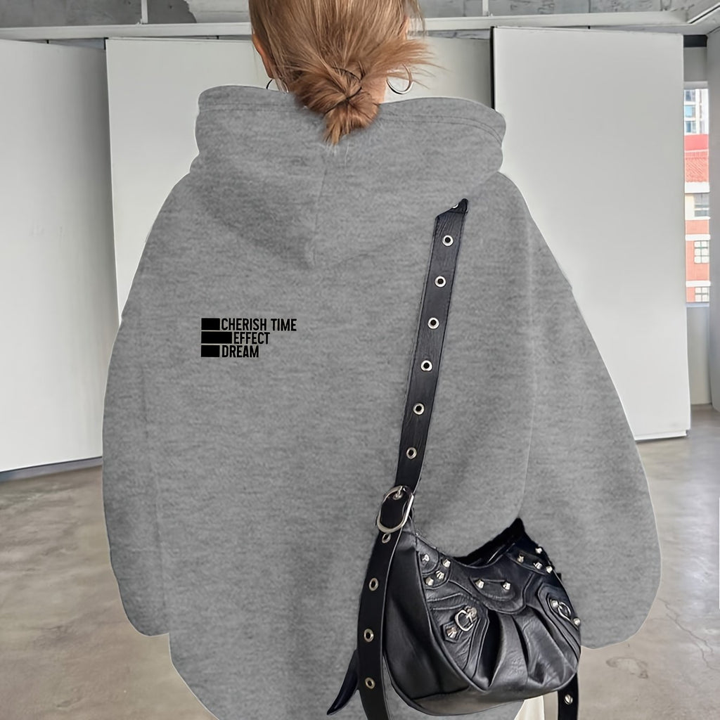 Women'S Light Grey Hooded Sweatshirt with Black Geometric Letter Print - Casual Long Sleeve Pullover, Relaxed Fit, All-Season Versatile Top for Casual Attire, Comfortable Clothing | Hooded Pullover | Structured Design