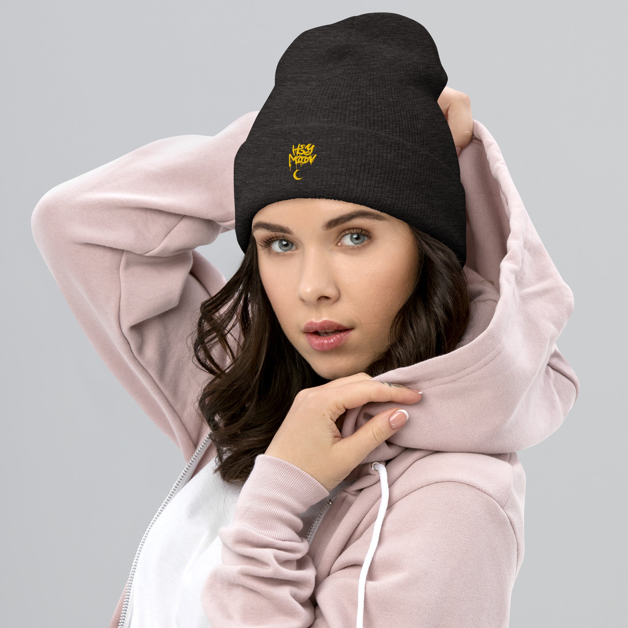 Hey Moon Embroidered Cuffed Beanie