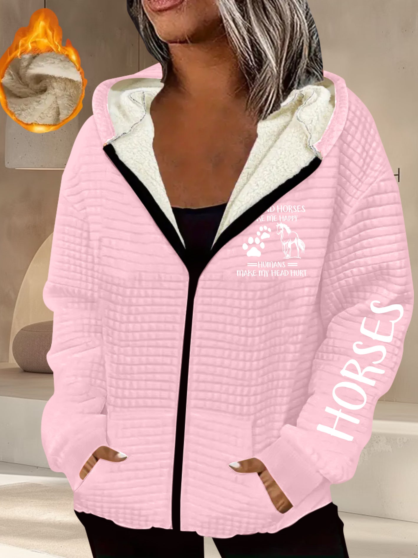 Women's Horse-Themed Hooded Jacket with Horse Racing & Jockey Print - Thick Winter Coat, Zippered Pockets, Machine Washable Polyester-Like Outerwear for Equestrian Events & Casual Wear (Grey/Black)