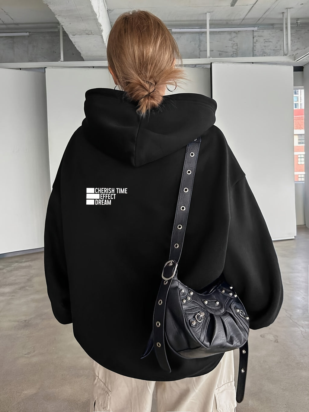 Women'S Light Grey Hooded Sweatshirt with Black Geometric Letter Print - Casual Long Sleeve Pullover, Relaxed Fit, All-Season Versatile Top for Casual Attire, Comfortable Clothing | Hooded Pullover | Structured Design