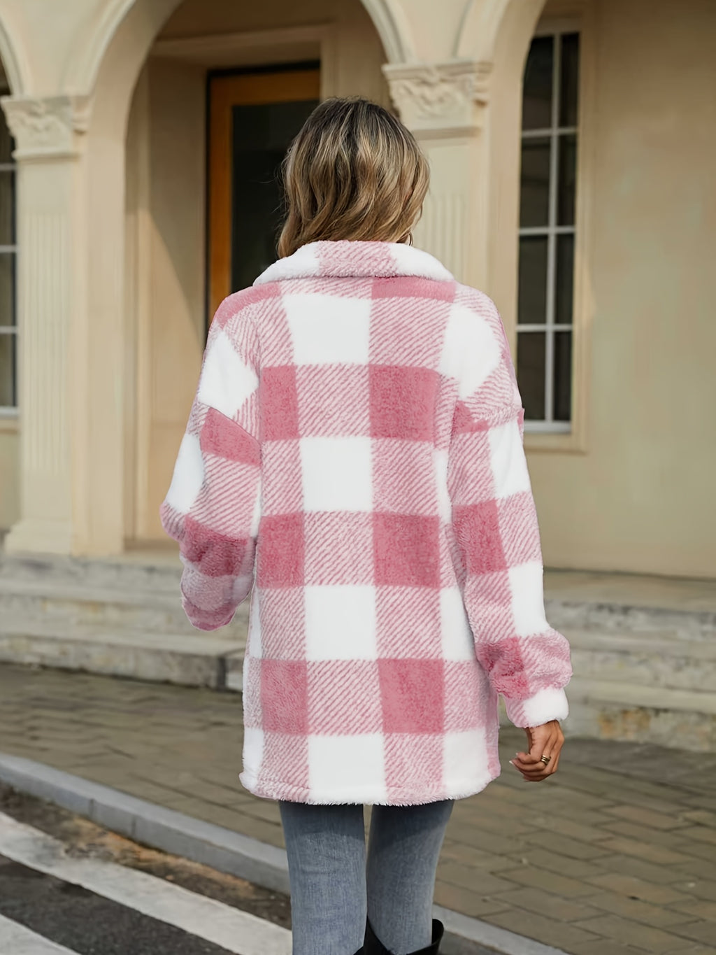 Women's Coat, Elegant Fashionable Jacket for Ladies, Black and White Checkered Drop Shoulder Teddy Bear Plush Women