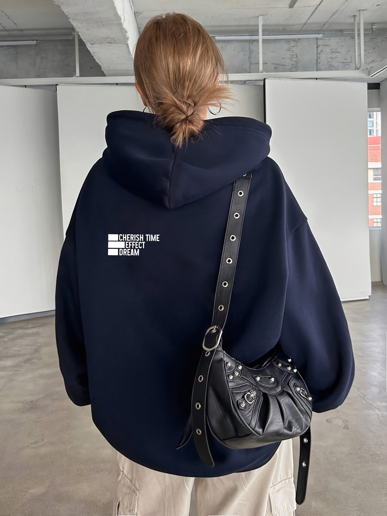 Women'S Light Grey Hooded Sweatshirt with Black Geometric Letter Print - Casual Long Sleeve Pullover, Relaxed Fit, All-Season Versatile Top for Casual Attire, Comfortable Clothing | Hooded Pullover | Structured Design