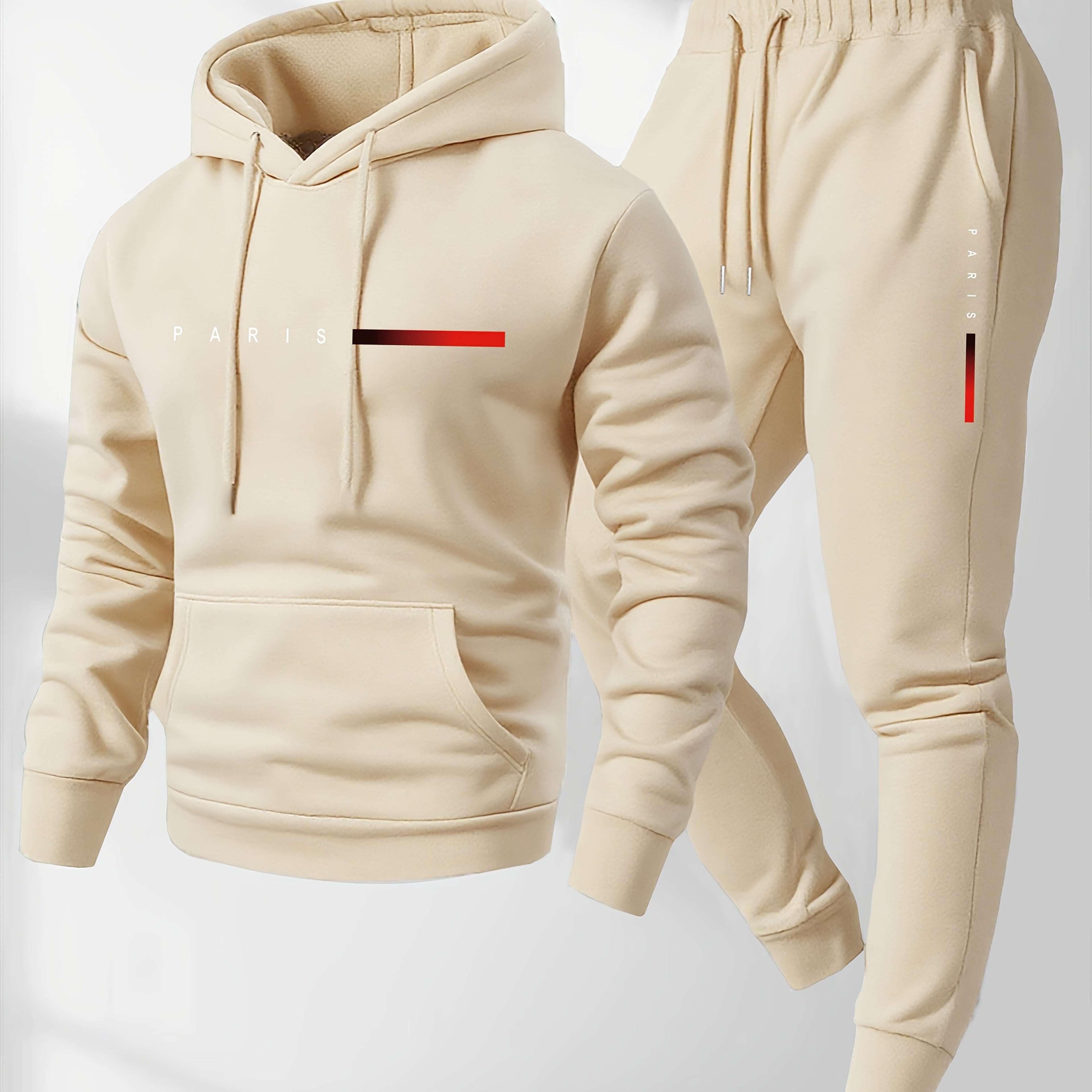 2pcs Men'S Casual Cartoon Paris Letter Drawstring Hoodie and Sports Trousers Set | Hooded, Loose Fit, Slight Stretch Fabric, Patterned for Fall/Winter