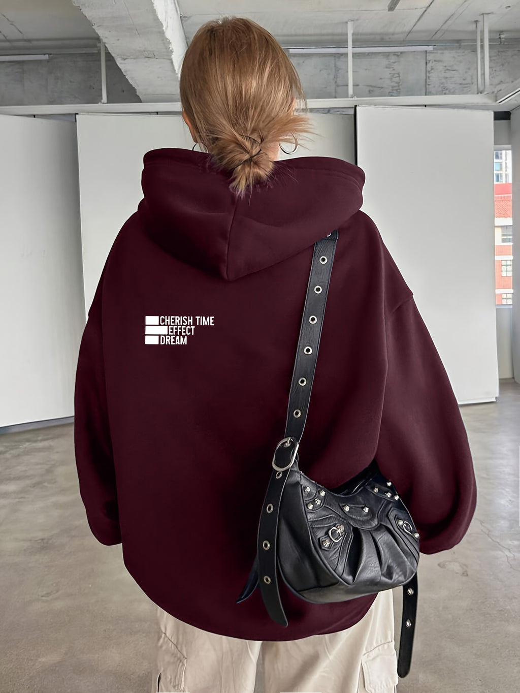 Women'S Light Grey Hooded Sweatshirt with Black Geometric Letter Print - Casual Long Sleeve Pullover, Relaxed Fit, All-Season Versatile Top for Casual Attire, Comfortable Clothing | Hooded Pullover | Structured Design