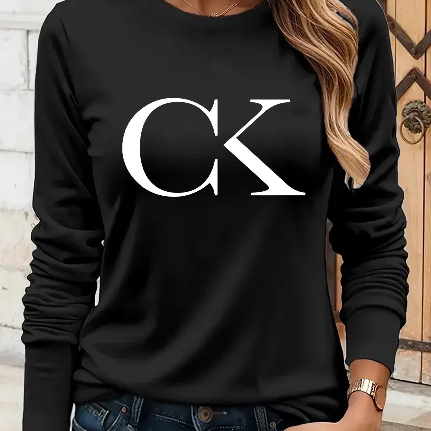 European And Style Women'S And Fashionable Long-Sleeve T-Shirt with Letter Print - Sporty And Casual Style, Minimalist Sportswear, Made of 95% And 5%, 180G, Featuring a Printed Design, Suitable for Autumn And Winter, Comforta