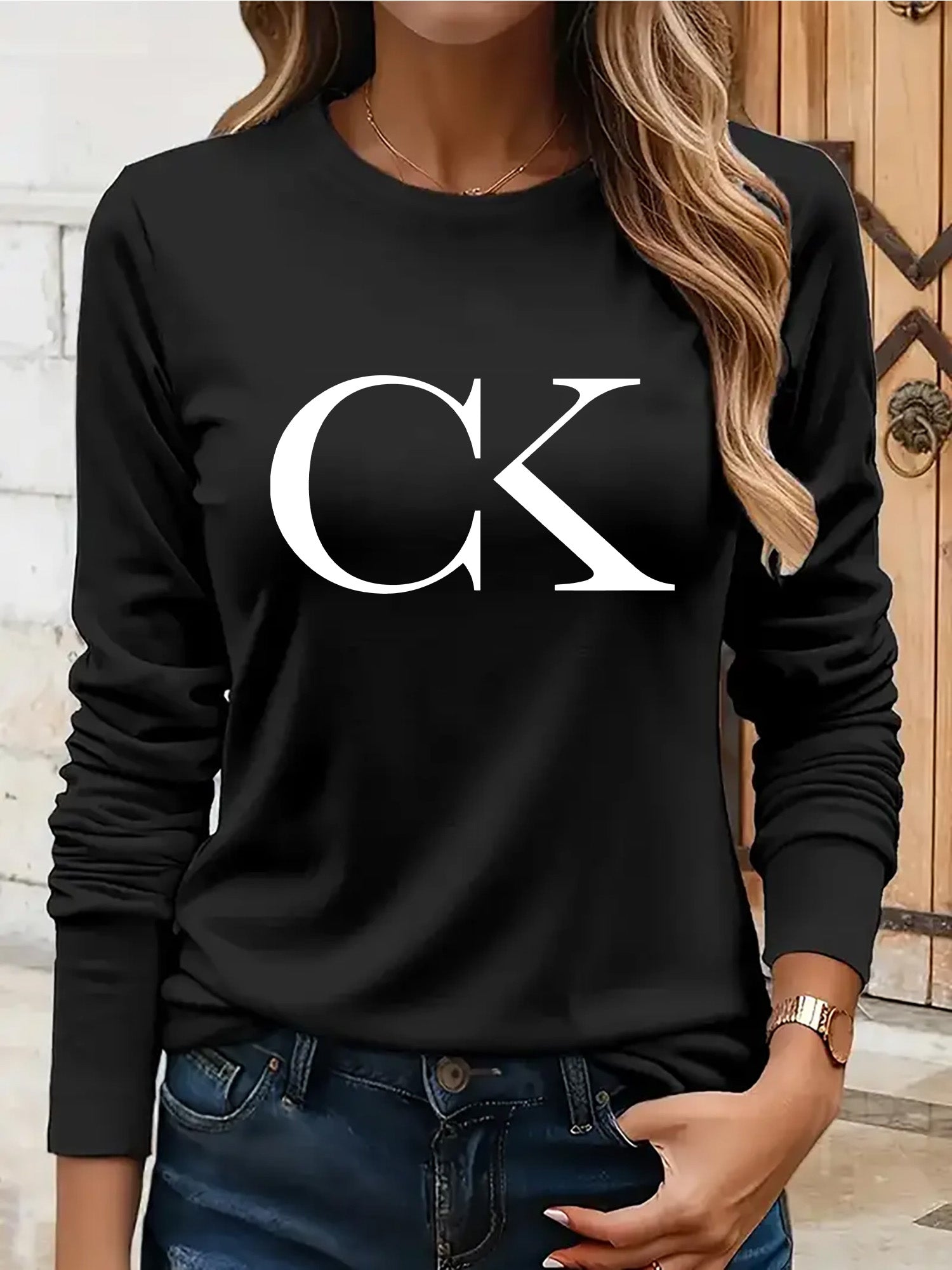 European And Style Women'S And Fashionable Long-Sleeve T-Shirt with Letter Print - Sporty And Casual Style, Minimalist Sportswear, Made of 95% And 5%, 180G, Featuring a Printed Design, Suitable for Autumn And Winter, Comforta