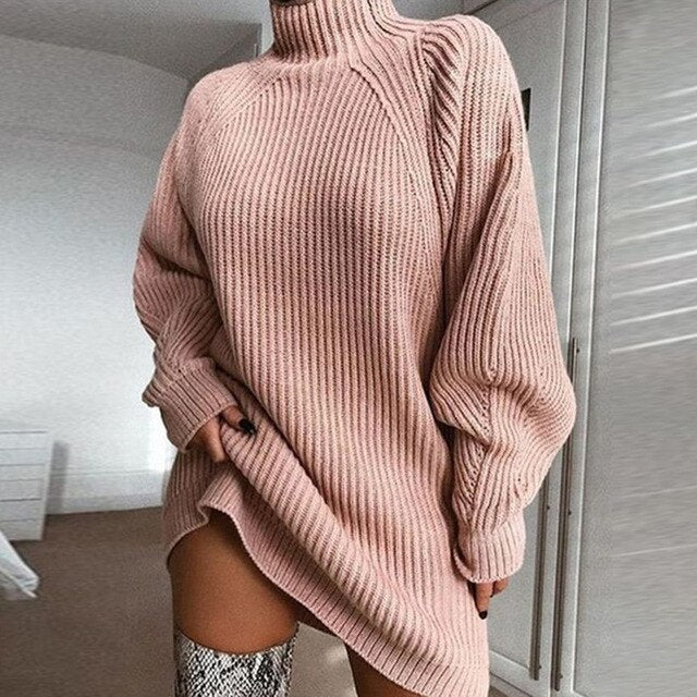 Turtleneck Long Sleeve Sweater Dress Women Autumn Winter Loose Tunic Knitted Casual Pink Gray Clothes Solid Dresses
