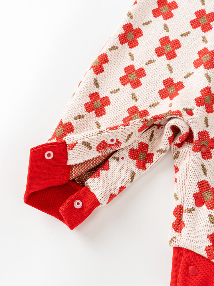 Spring Baby Girl Red Floral Knitted Home Clothes Crew Neck Romper