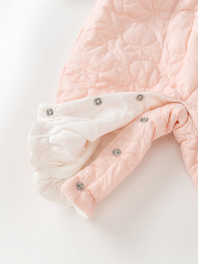 Winter Baby Thick Home Clothes Pink-White Patchwork Romper With Hat